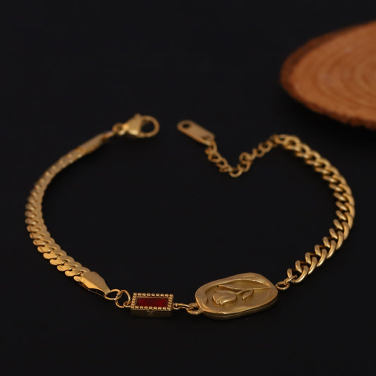 Elora Golden Engraved Coin Bracelet with Red Stone Accent