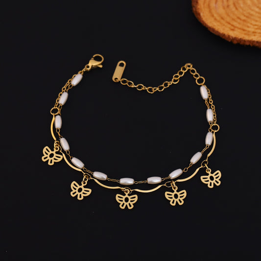 Elora Golden Butterfly Charm Dual Layer Pearl Bracelet