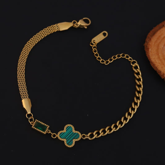 Elora Golden Dual Chain Bracelet with Green Charm Accents