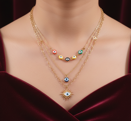Elora Evil Eye Multi-Layered Necklace Set with Sun Pendant & Stud Earrings