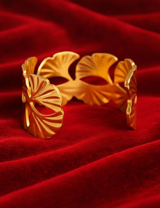 Elora Gold Plated Leaf Motif Open Cuff Bracelet