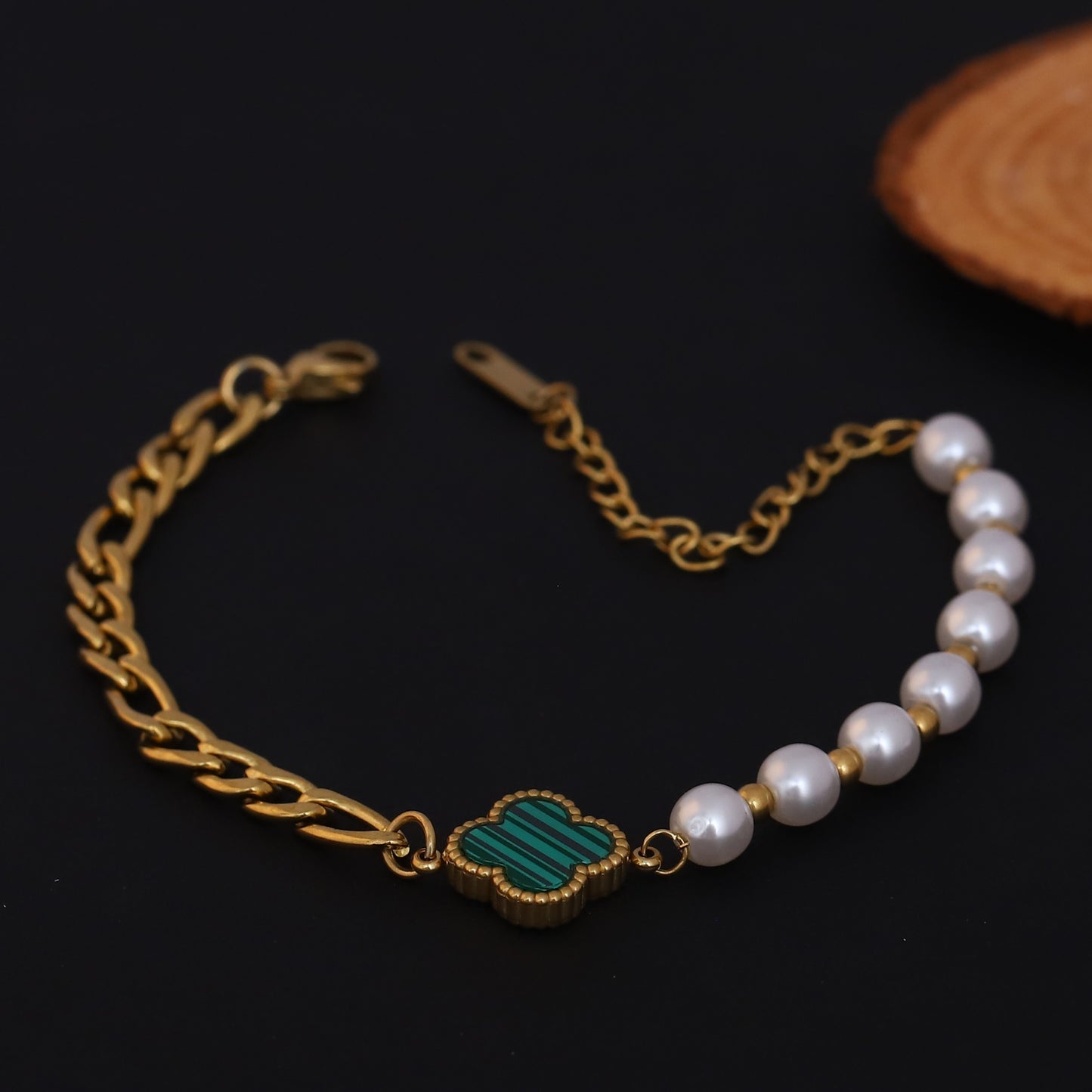 Elora Golden Pearl & Clover Charm Bracelet