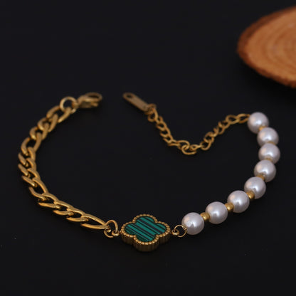 Elora Golden Pearl & Clover Charm Bracelet
