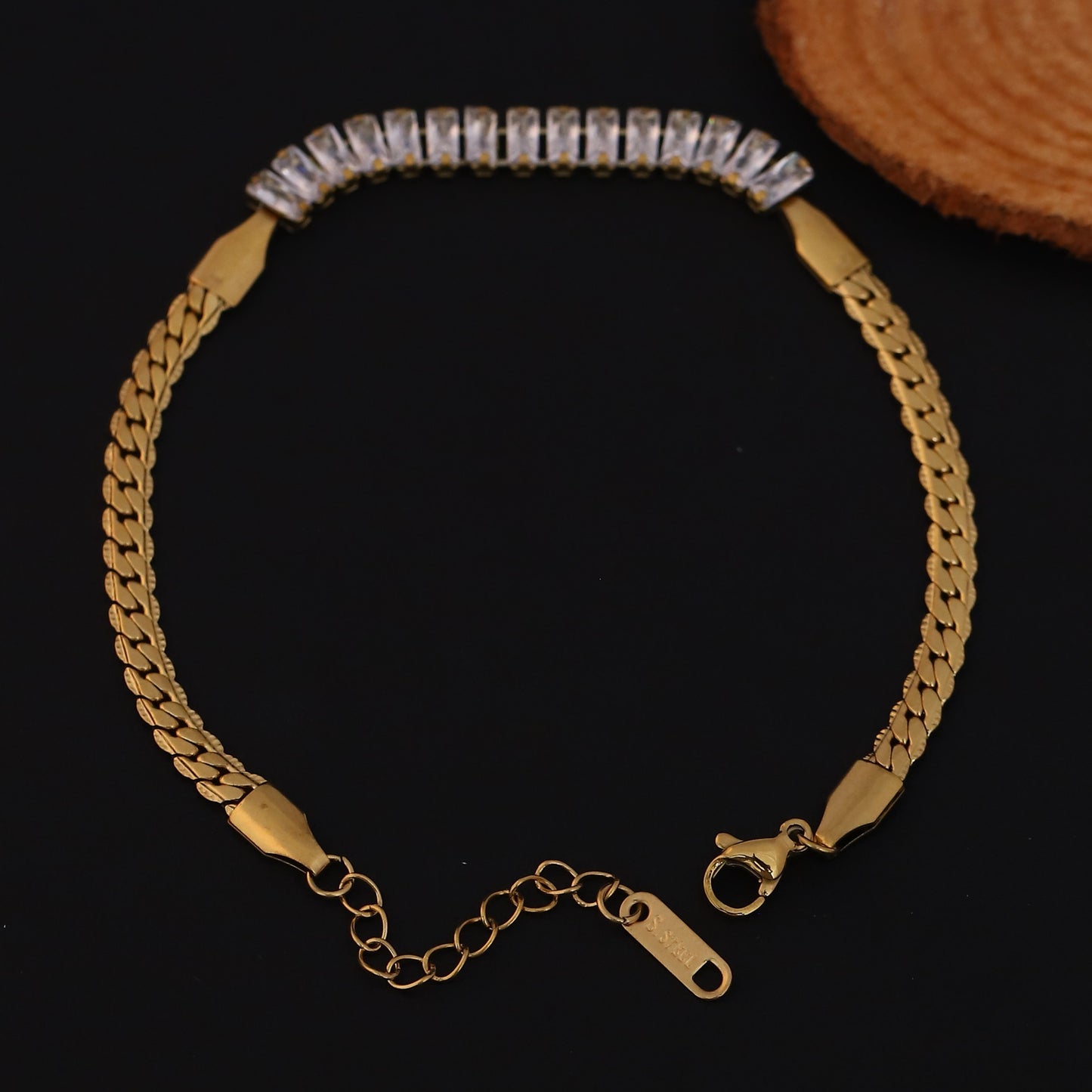 Elora Golden Crystal Bar Bracelet with Curb Chain