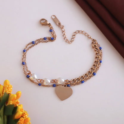 Elora Rose Gold Heart Charm Pearl & Bead Chain Bracelet