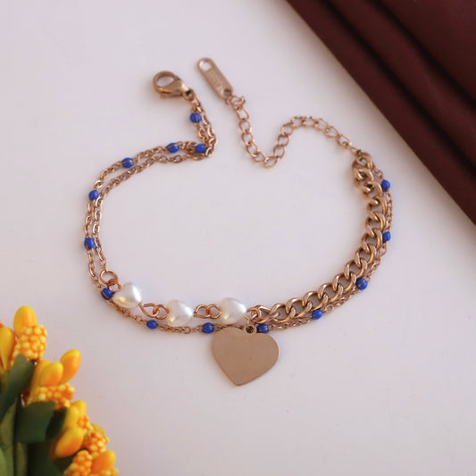 Elora Rose Gold Heart Charm Pearl & Bead Chain Bracelet