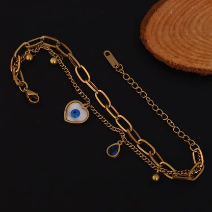 Elora Golden Evil Eye Heart Charm Bracelet with Dual Chain