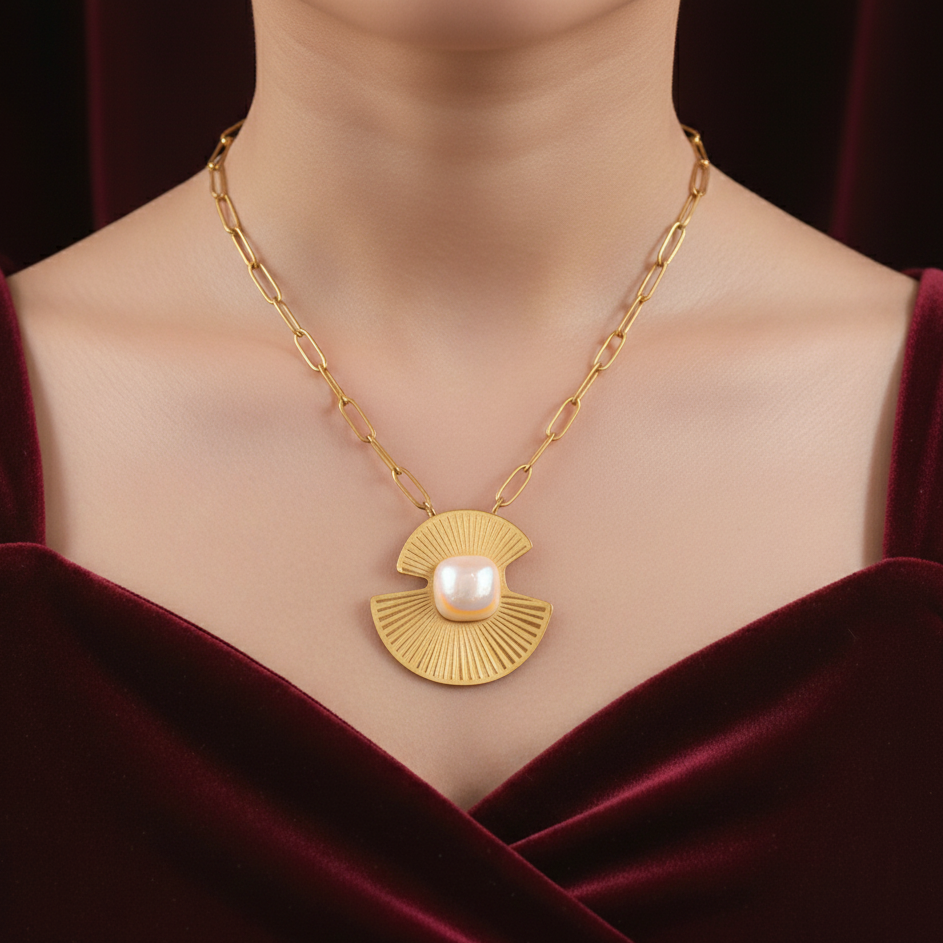 Elora Gold Plated Radiant Pearl Sunburst Pendant Necklace