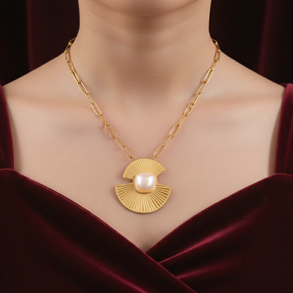 Elora Gold Plated Radiant Pearl Sunburst Pendant Necklace