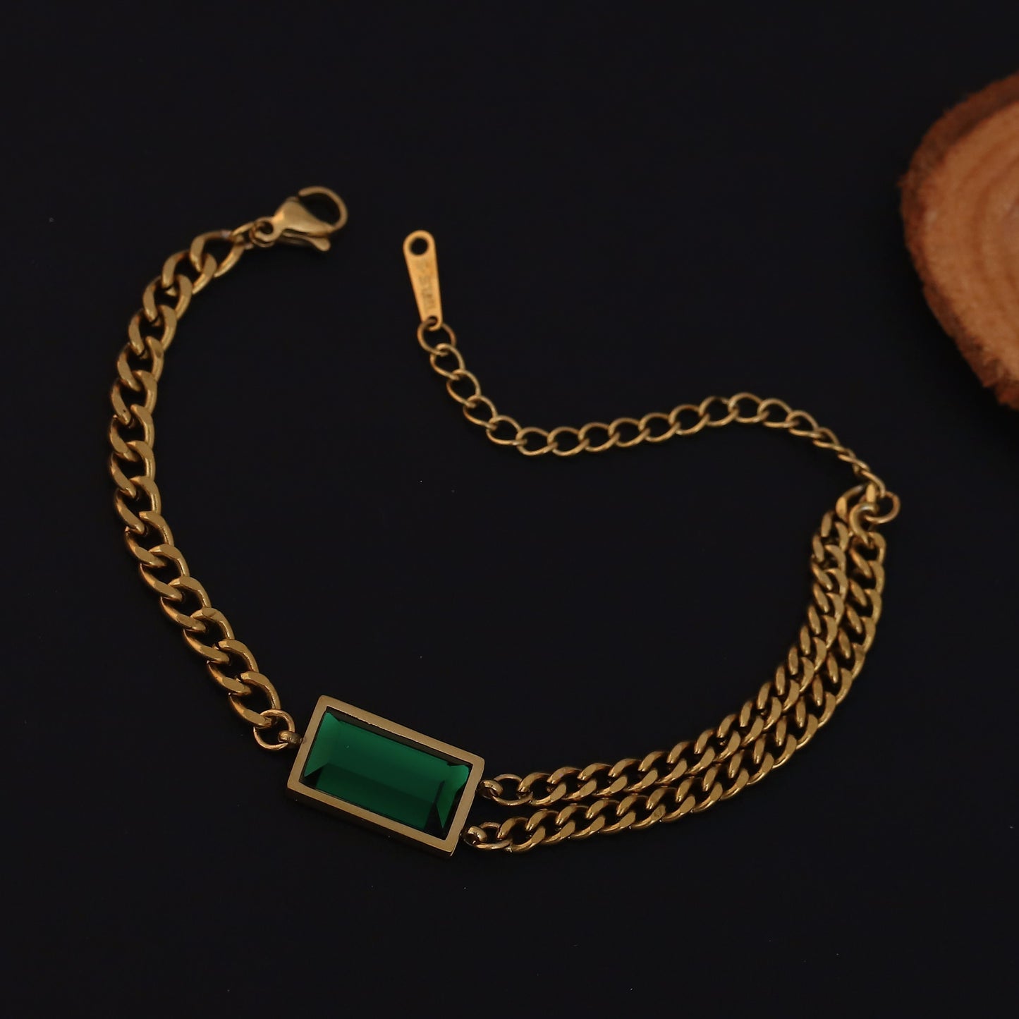 Elora Golden Green Stone Dual Chain Bracelet