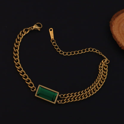 Elora Golden Green Stone Dual Chain Bracelet