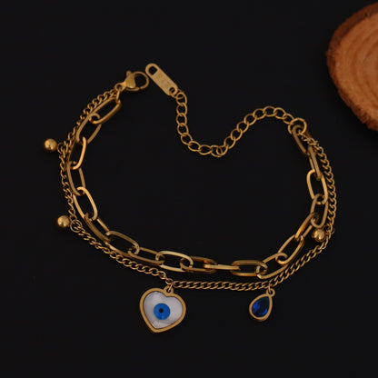 Elora Golden Evil Eye Heart Charm Bracelet with Dual Chain