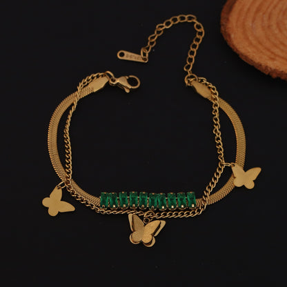 Elora Clover Charm Dual Chain Bracelet – Emerald Luxe Edition
