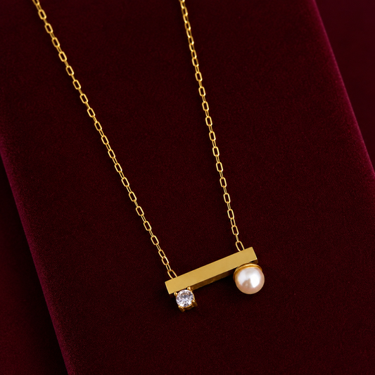 Elora Elegant Dual Charm Gold Bar Necklace with Pearl & Crystal Accent