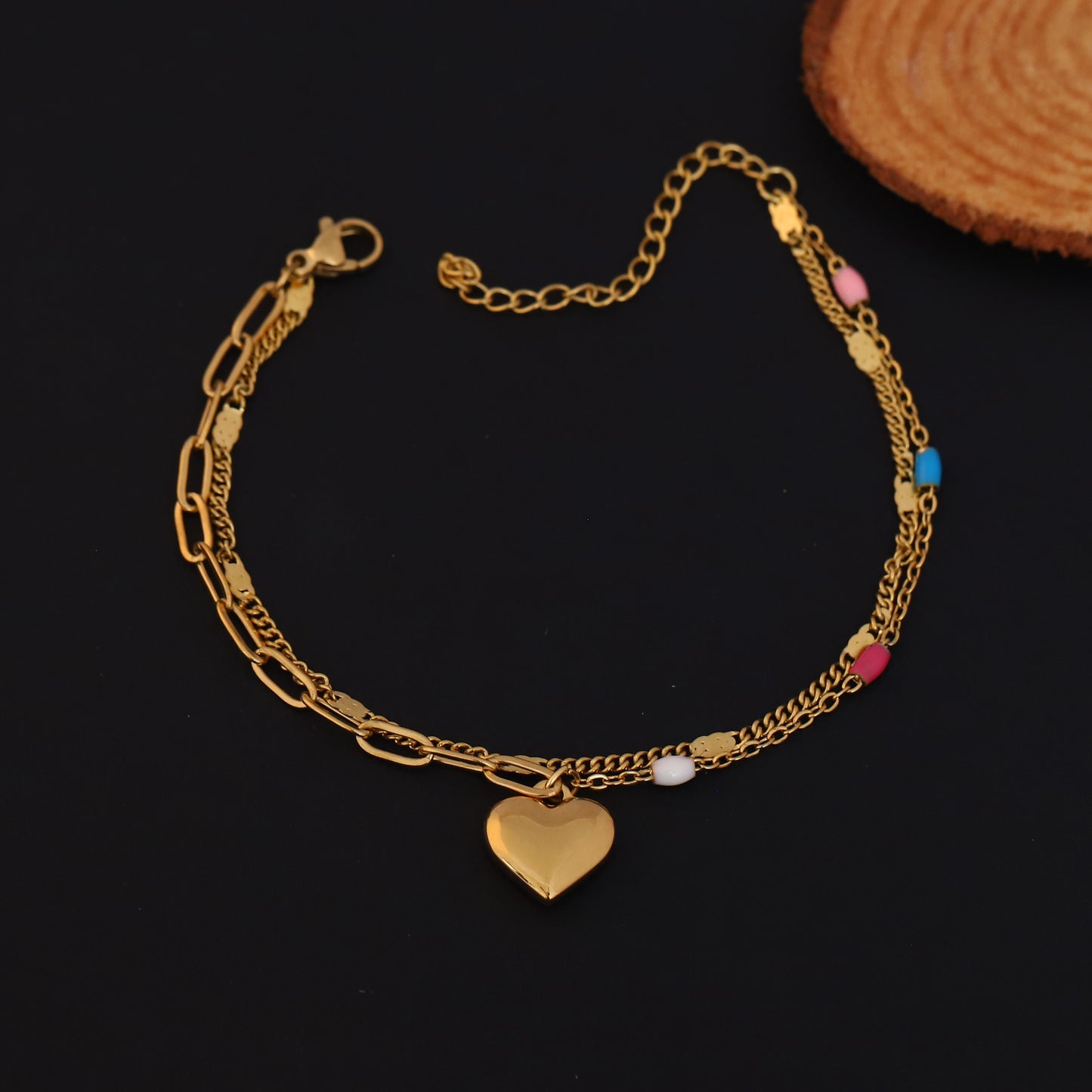 Elora Golden Heart Charm Dual Chain Bracelet