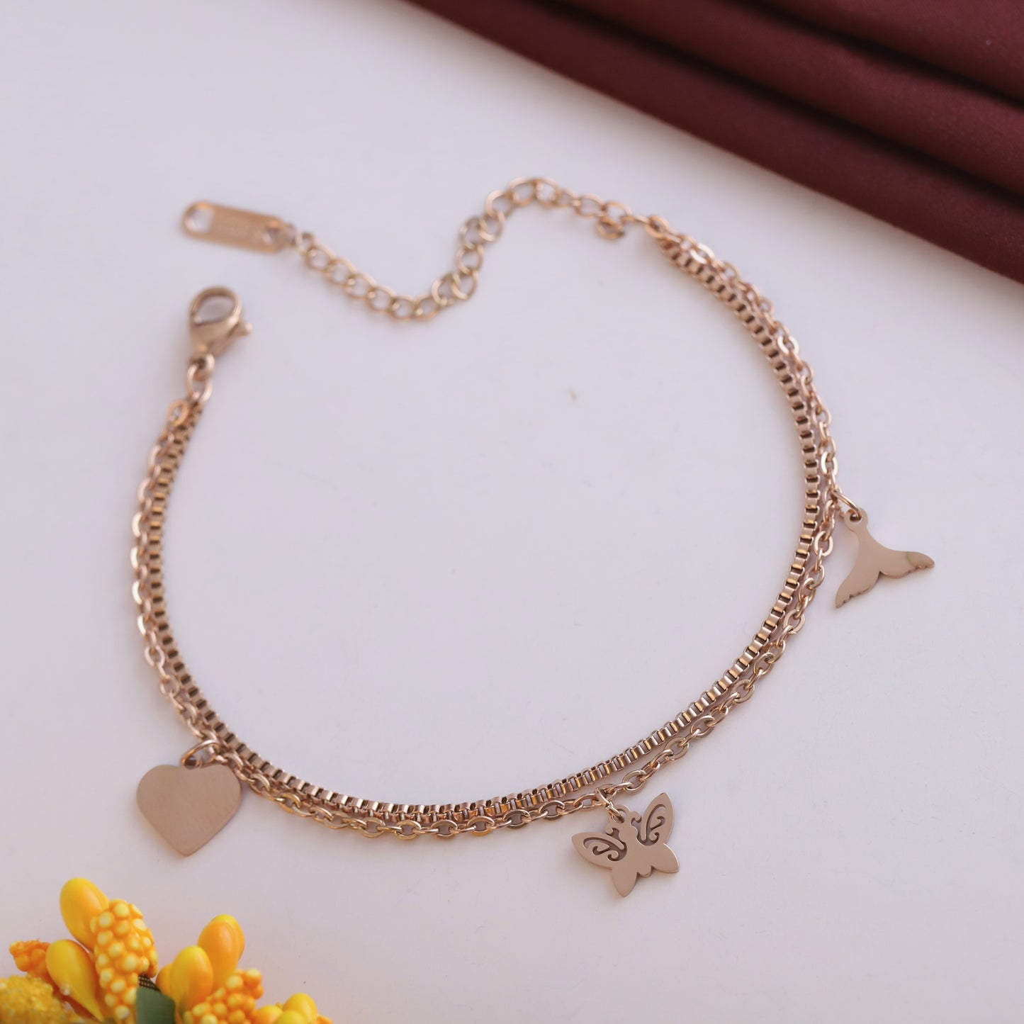 Elora Rose-Gold Triple Charm Double Chain Bracelet