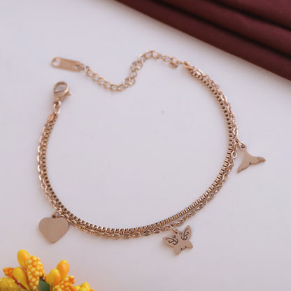 Elora Rose-Gold Triple Charm Double Chain Bracelet
