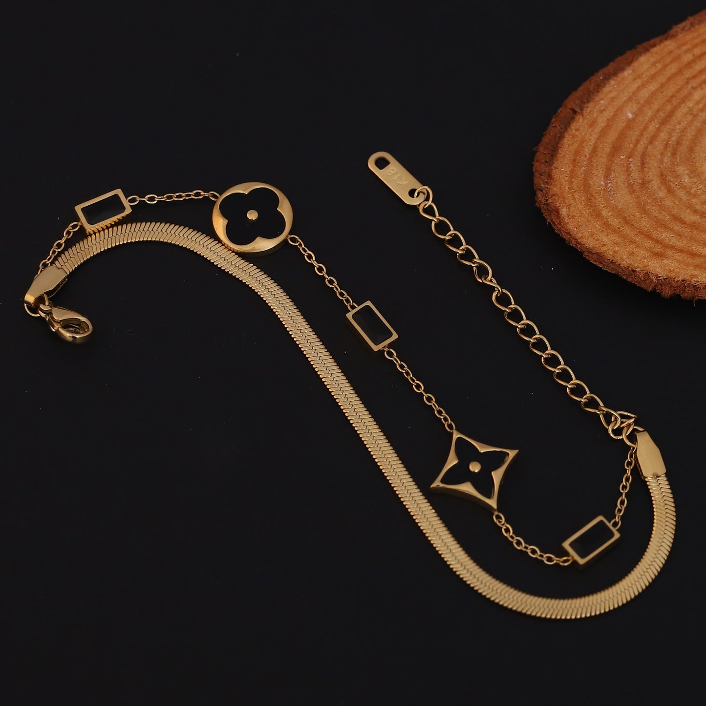Elora Noir Elegance Dual Chain Bracelet – Luxe Clover Edition