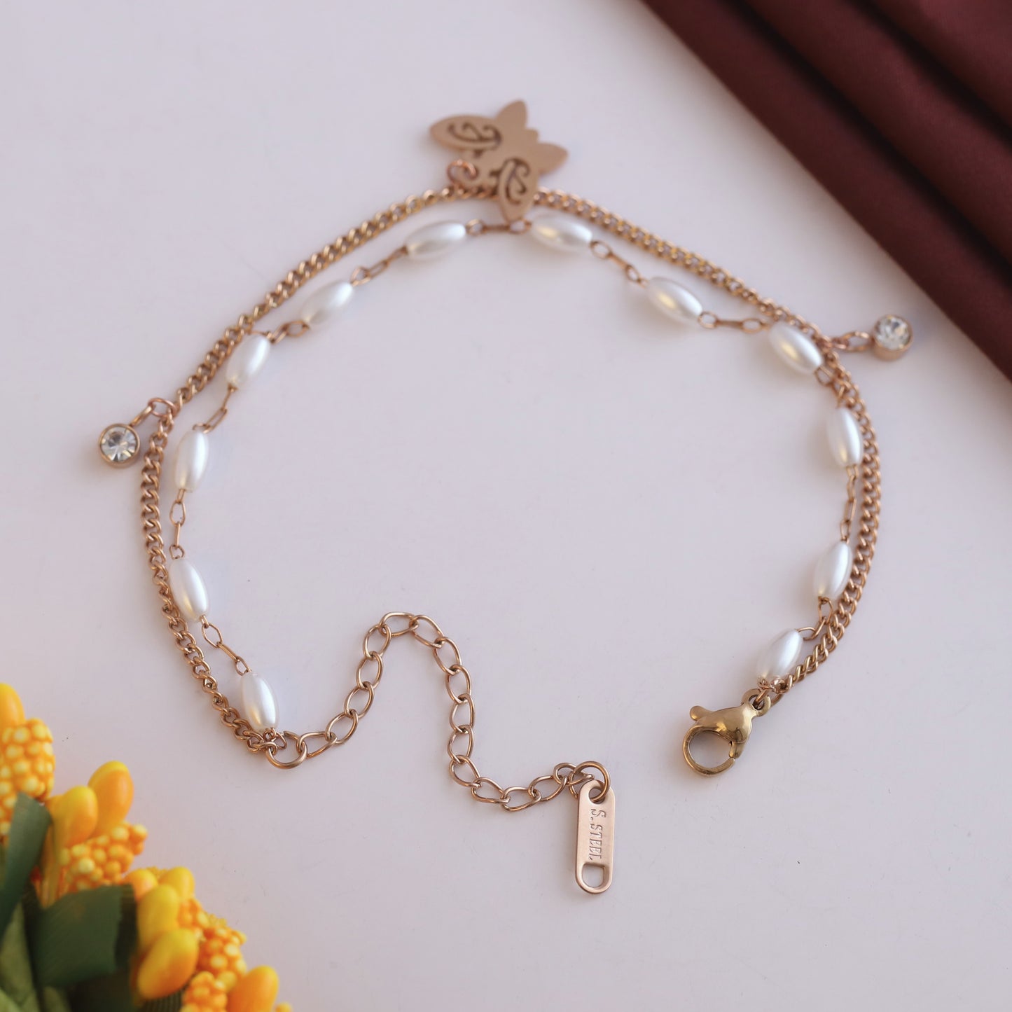 Elora Rose Gold Butterfly & Pearl Charm Bracelet