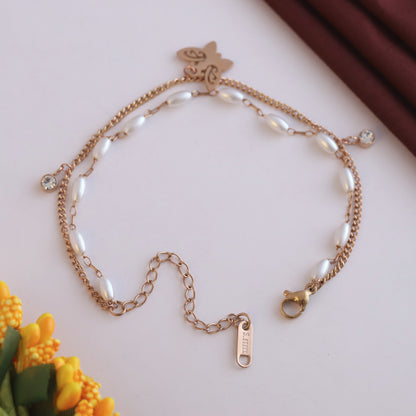 Elora Rose Gold Butterfly & Pearl Charm Bracelet