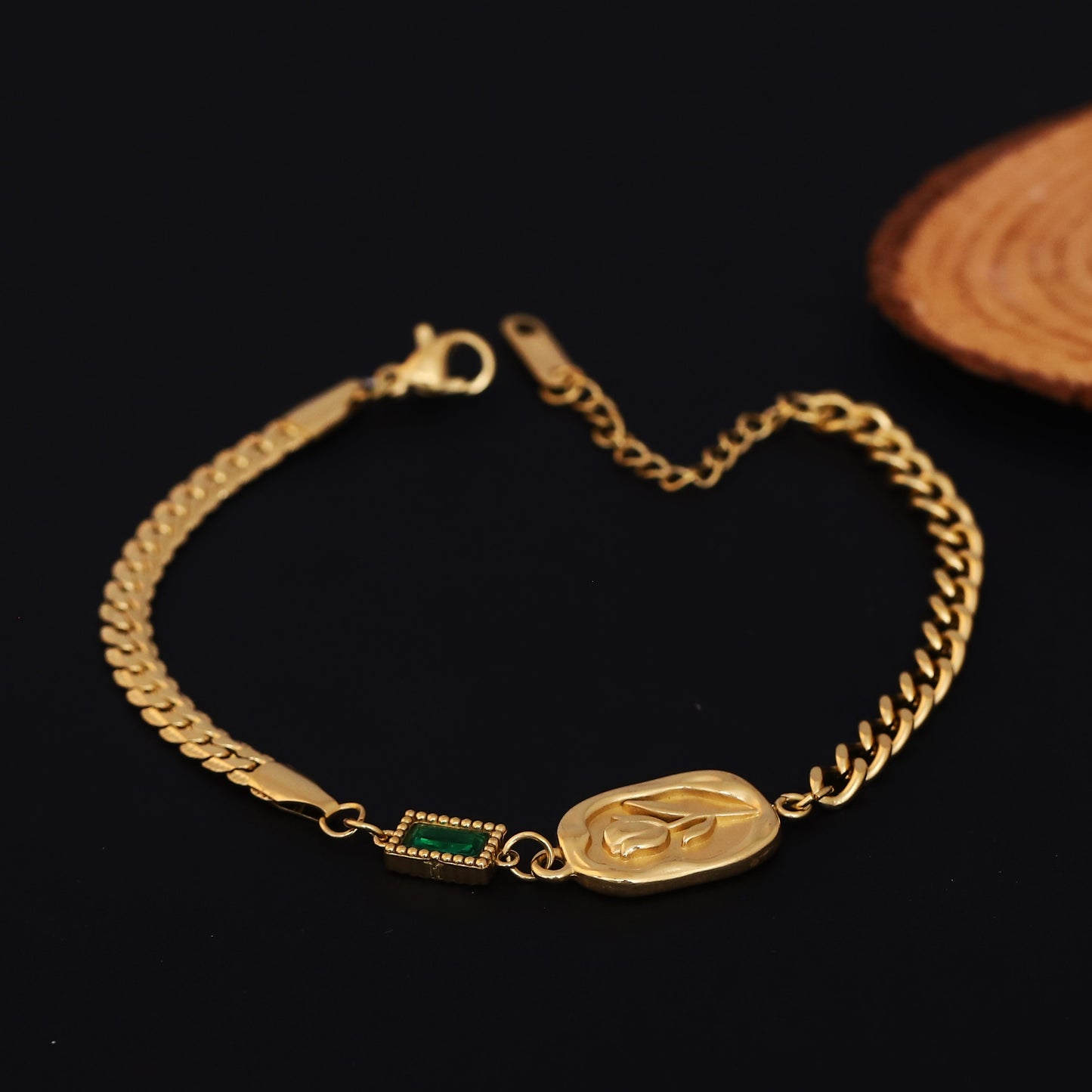 Elora Golden Engraved Coin Charm Bracelet with Green Accent