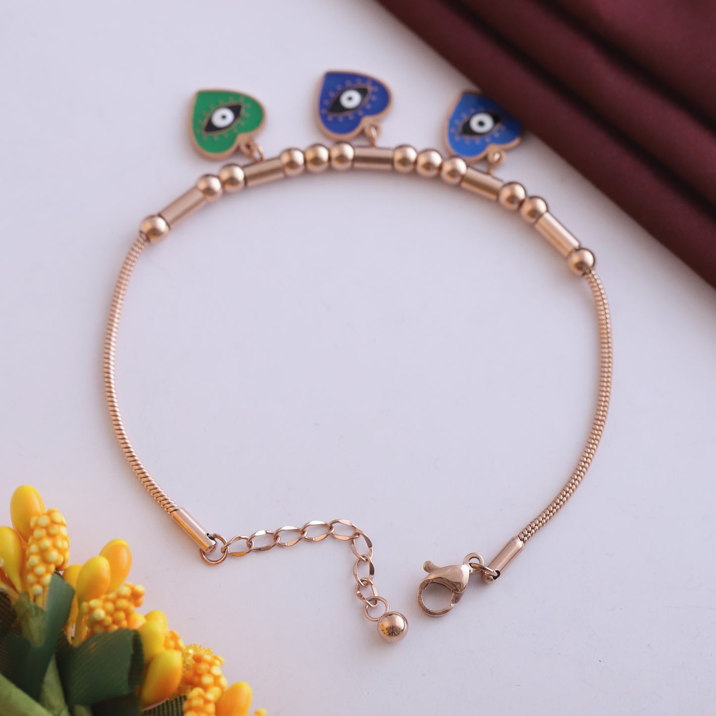 Elora Rose Gold Evil Eye Heart Charm Bracelet
