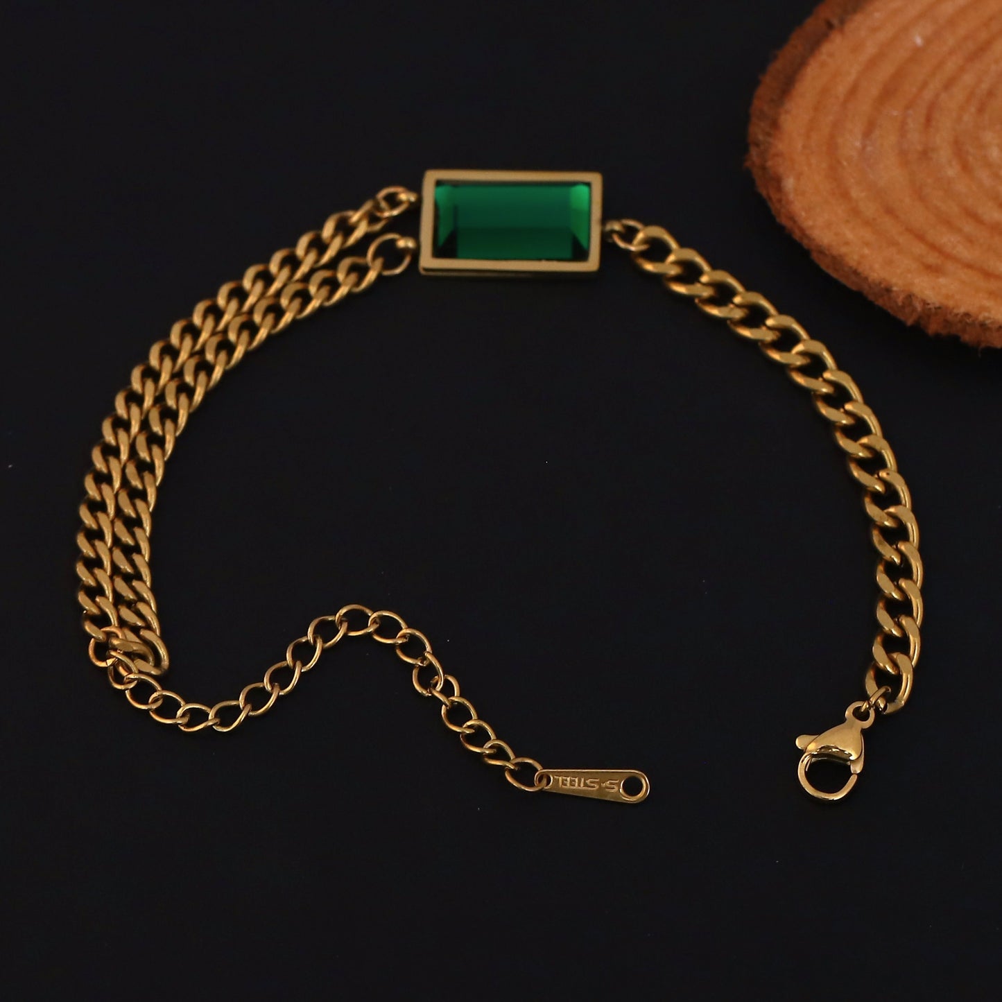 Elora Golden Green Stone Dual Chain Bracelet