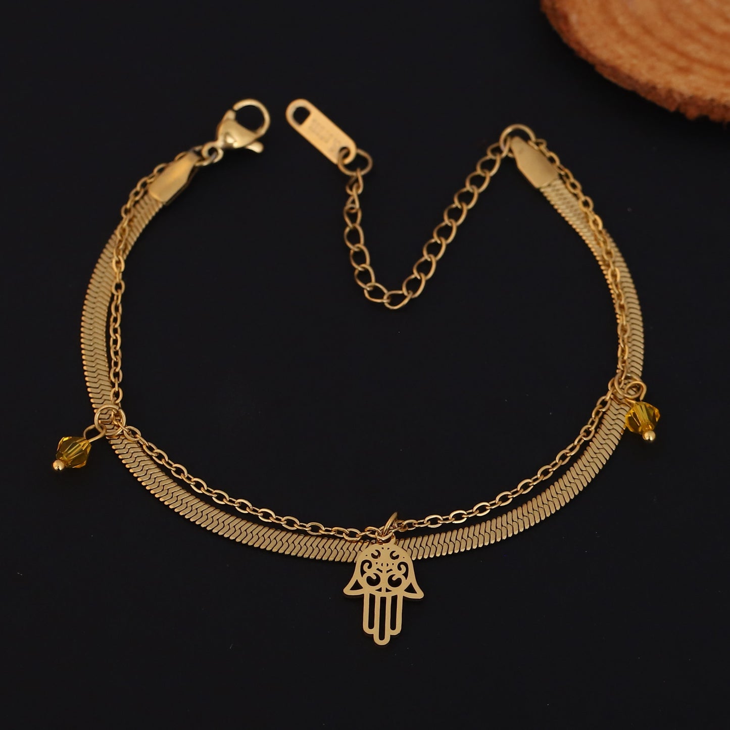 Elora Hamsa Harmony Dual Chain Bracelet – Gold Plated  Aura Edition