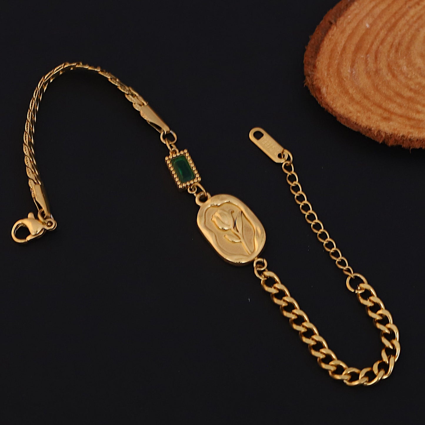 Elora Golden Engraved Coin Charm Bracelet with Green Accent