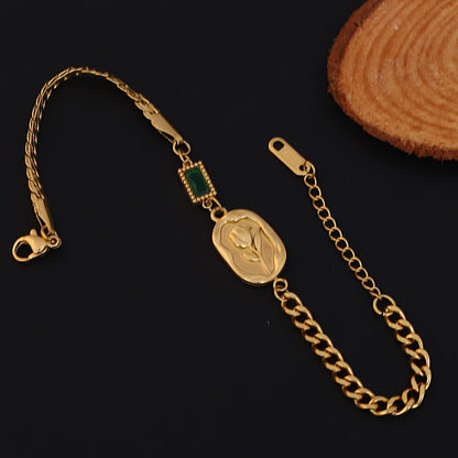 Elora Golden Engraved Coin Charm Bracelet with Green Accent