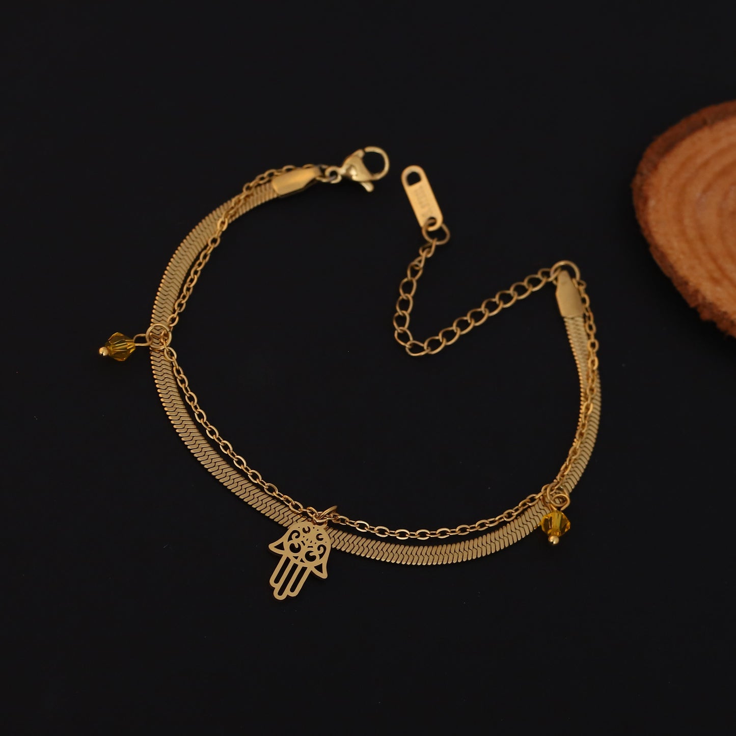 Elora Hamsa Harmony Dual Chain Bracelet – Gold Plated  Aura Edition