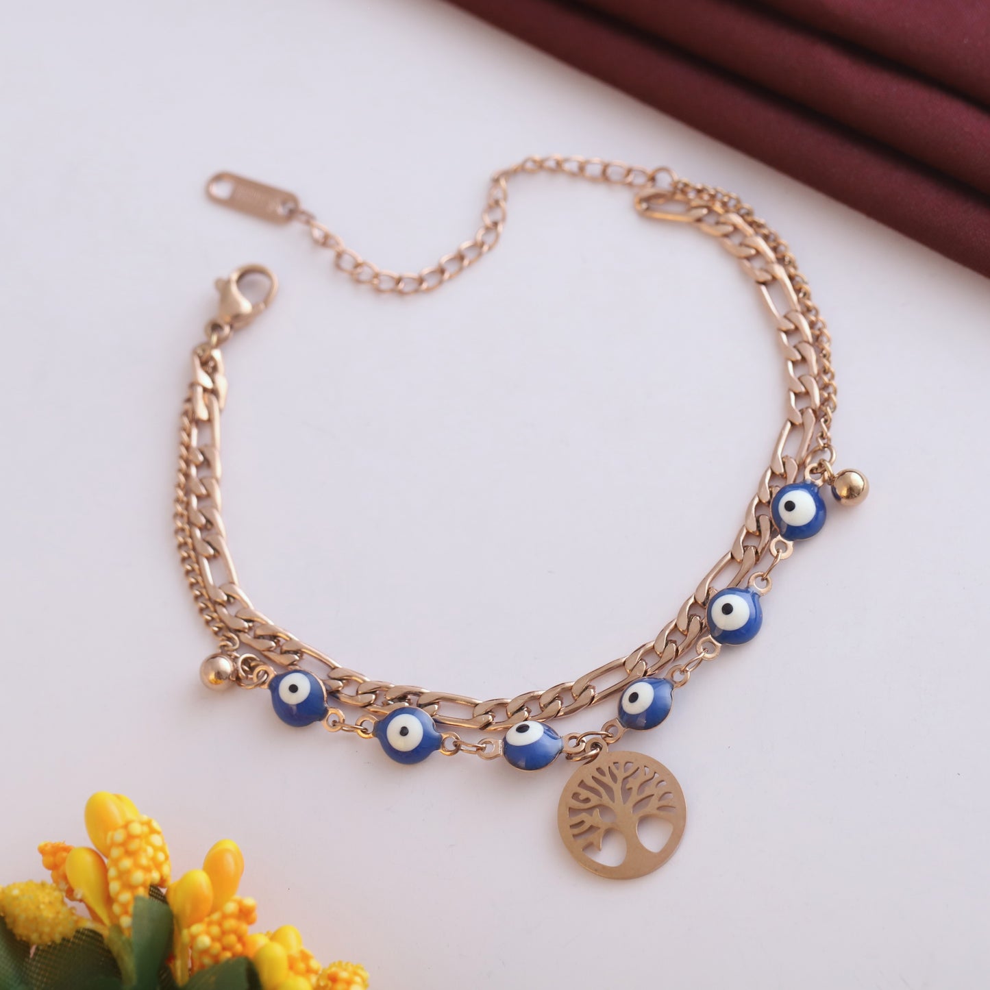 Elora Rose-Gold Evil Eye Bead & Tree of Life Charm Bracelet