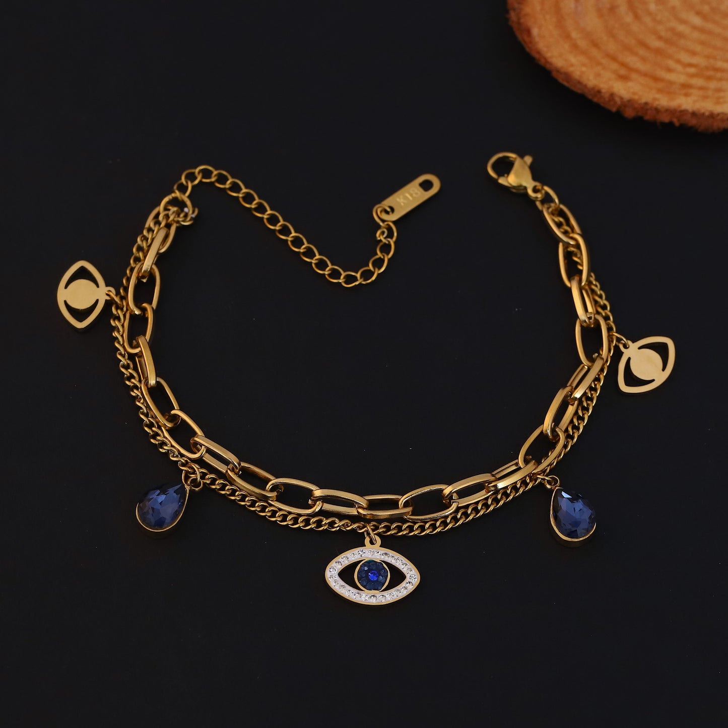 Elora Evil Eye Charm Dual Chain Gold-Plated Bracelet