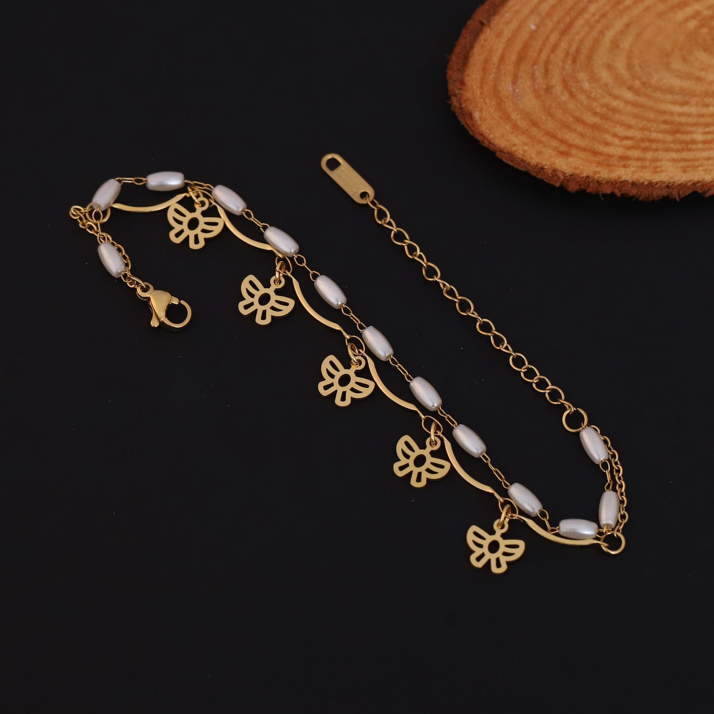 Elora Golden Butterfly Charm Dual Layer Pearl Bracelet