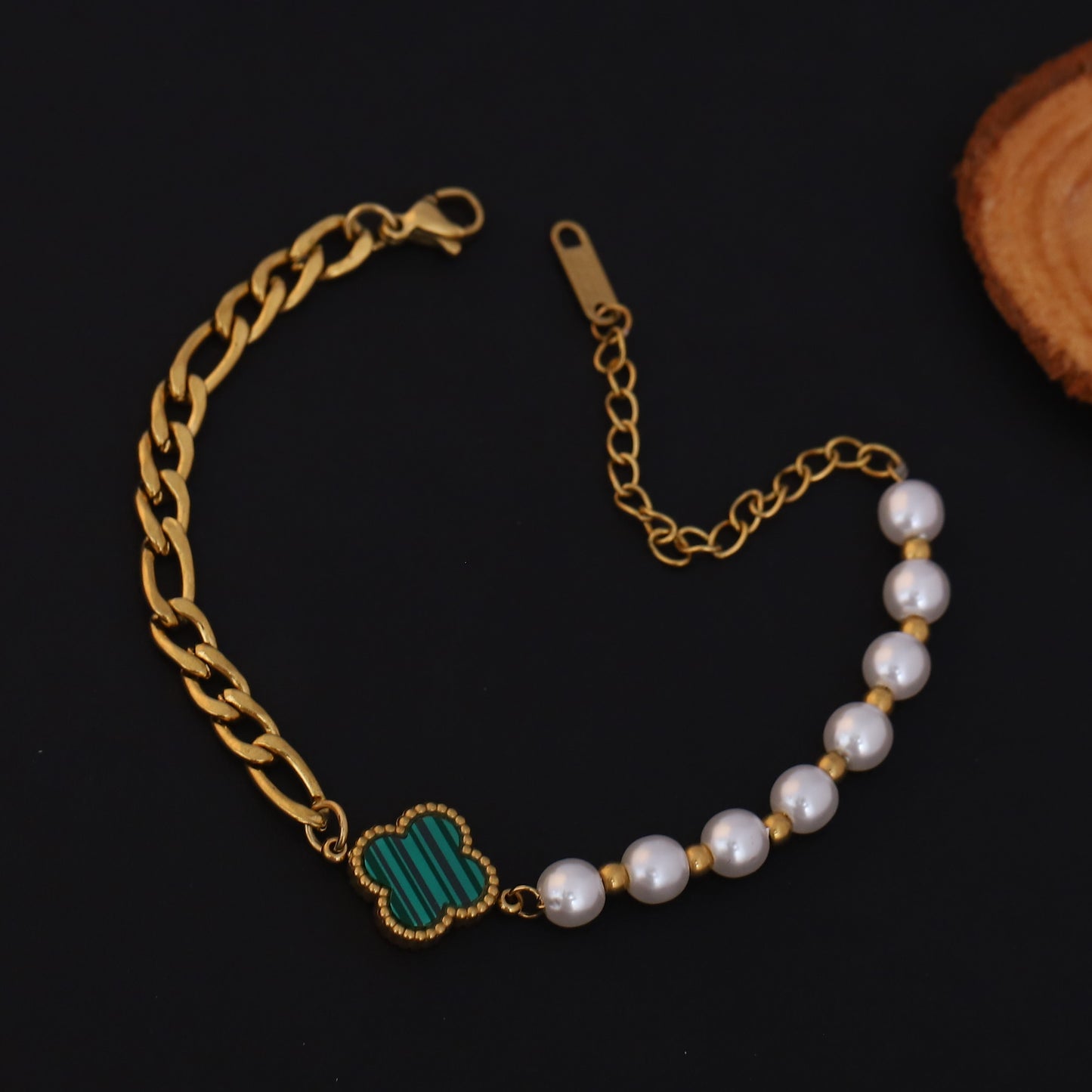 Elora Golden Pearl & Clover Charm Bracelet