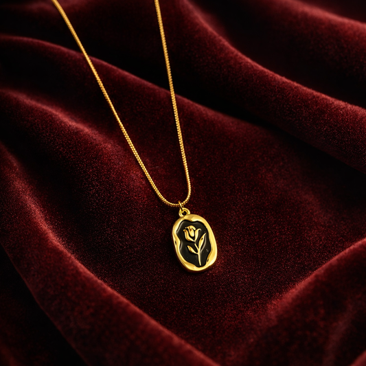 Elora gold plated Midnight Rose Oval Medallion Necklace