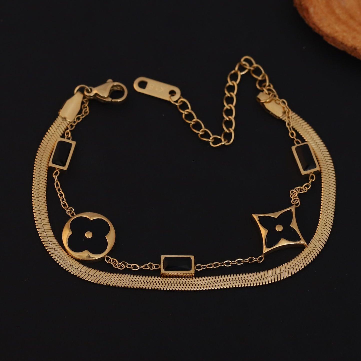 Elora Noir Elegance Dual Chain Bracelet – Luxe Clover Edition