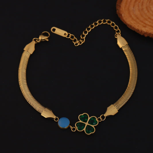 Elora Elegant Four-Leaf Clover & Blue Stone Gold-Plated bracelet