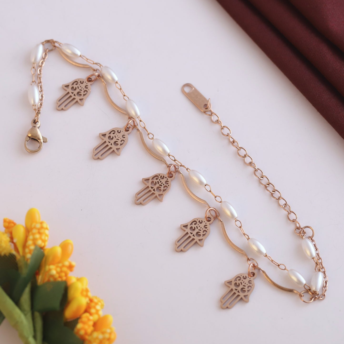 Elora Rose Gold Plated Elegant Hamsa Charm & Pearl Chain Bracelet