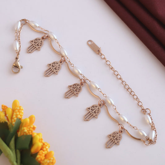 Elora Rose Gold Plated Elegant Hamsa Charm & Pearl Chain Bracelet