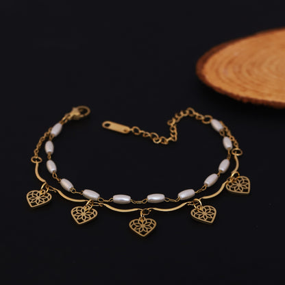 Elora Golden Heart Charm Dual Layer Pearl Bracelet
