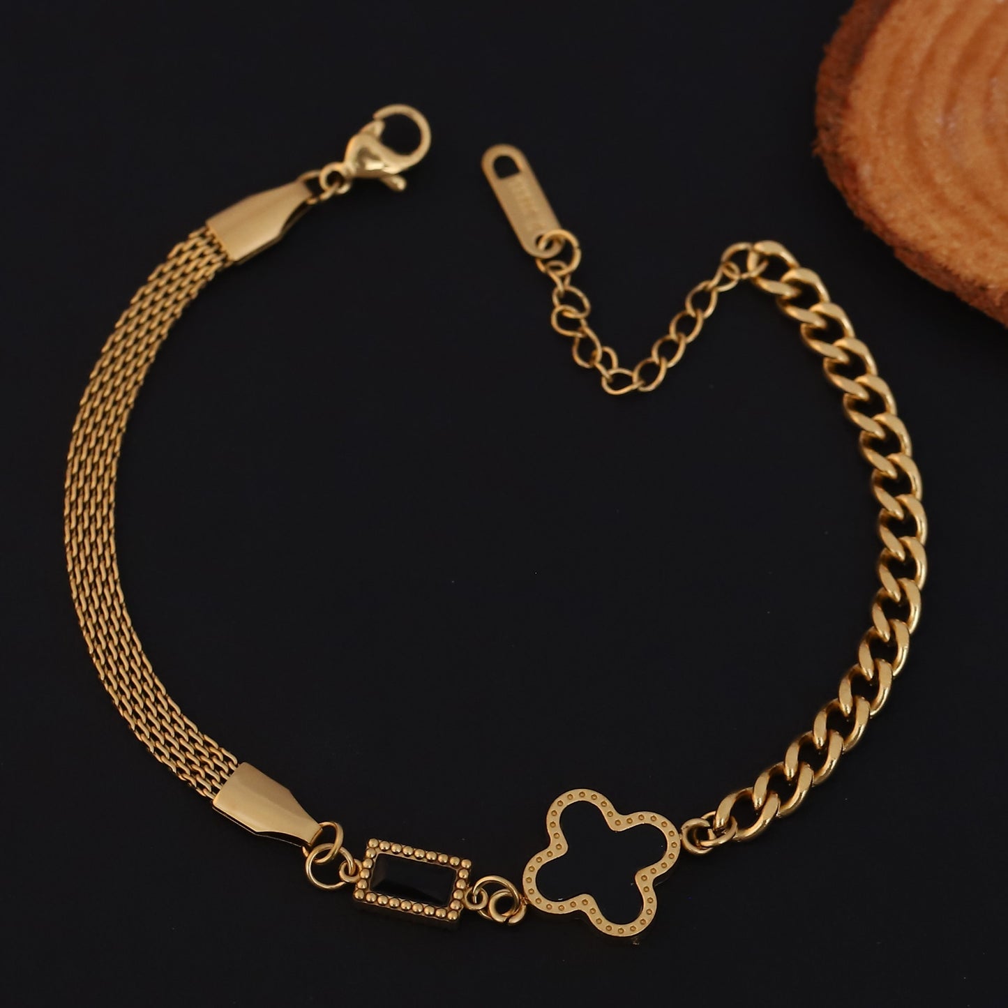 Elora Golden Dual Chain Bracelet with Hollow Clover Charm