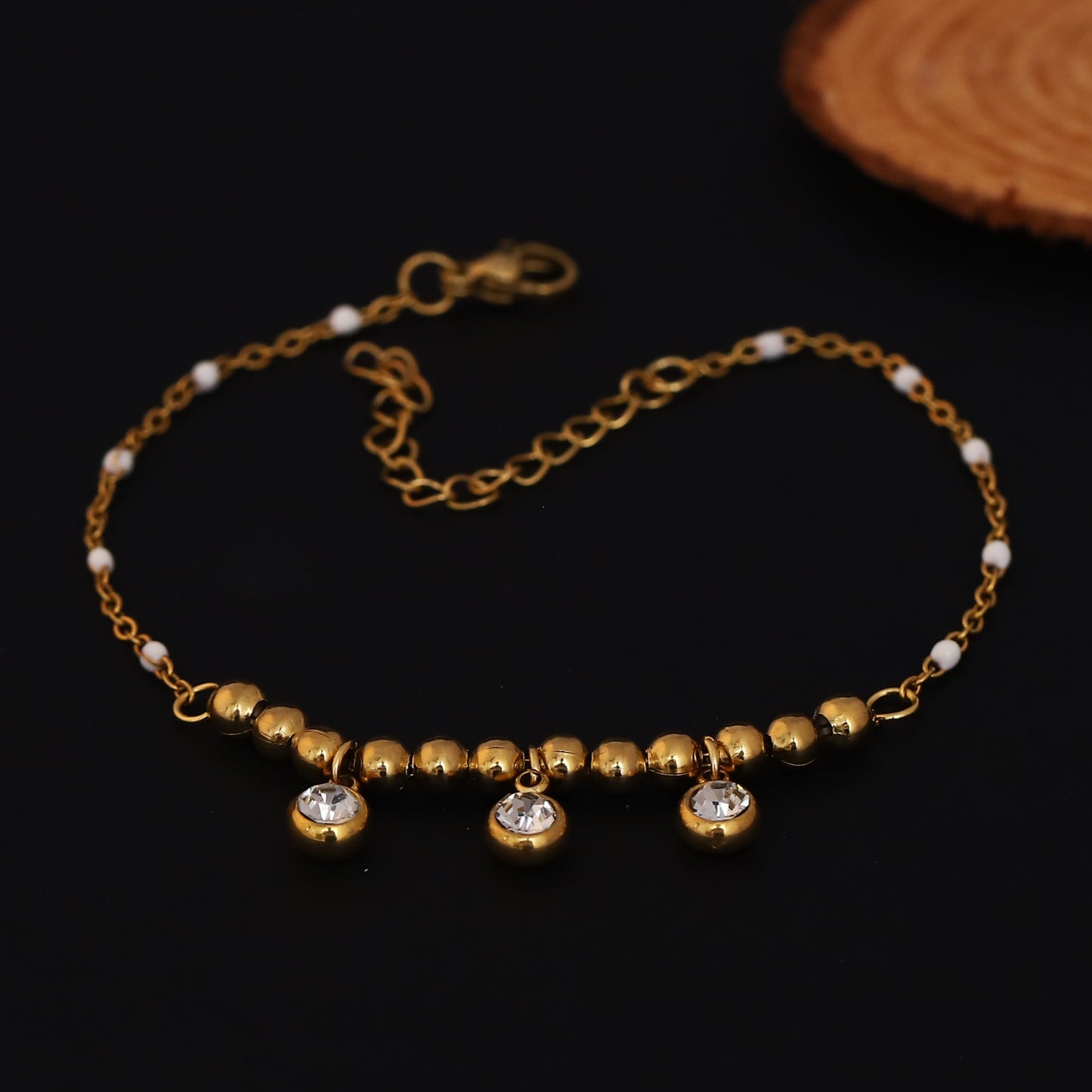 Elora Gold Plated  Beaded  with White Beads & Sparkling Stone Charms Bracelet