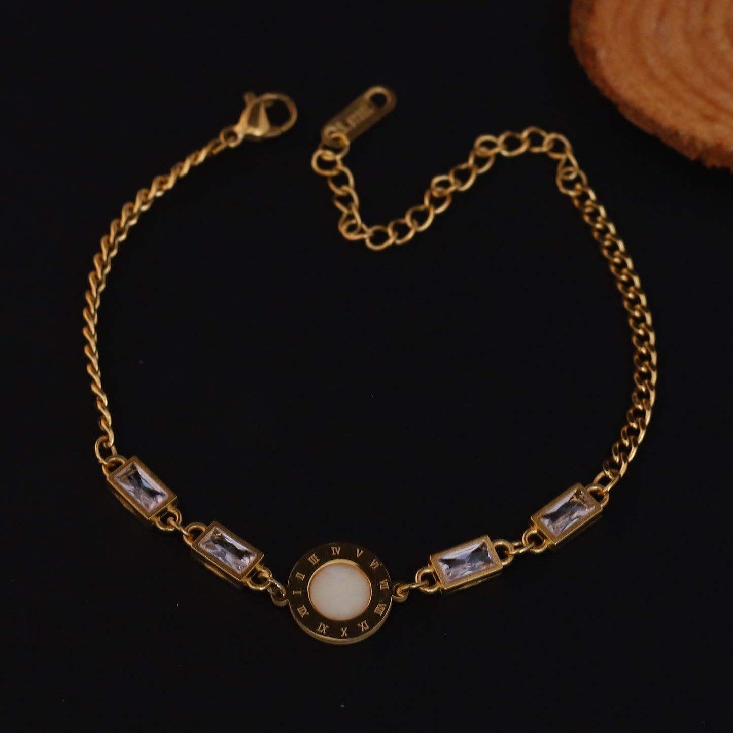 Elora Golden Roman Dial Bracelet with White Stone & Crystal Accents