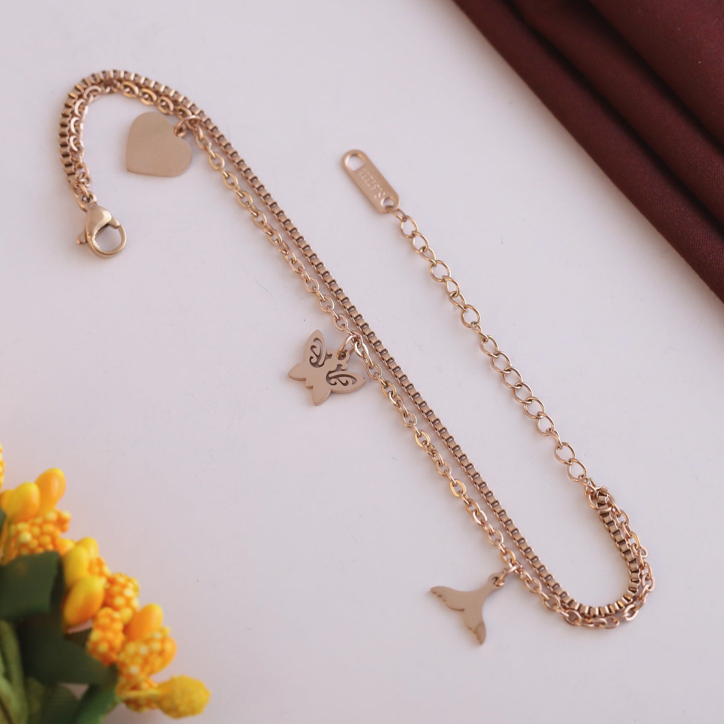 Elora Rose-Gold Triple Charm Double Chain Bracelet