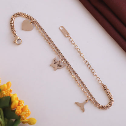 Elora Rose-Gold Triple Charm Double Chain Bracelet
