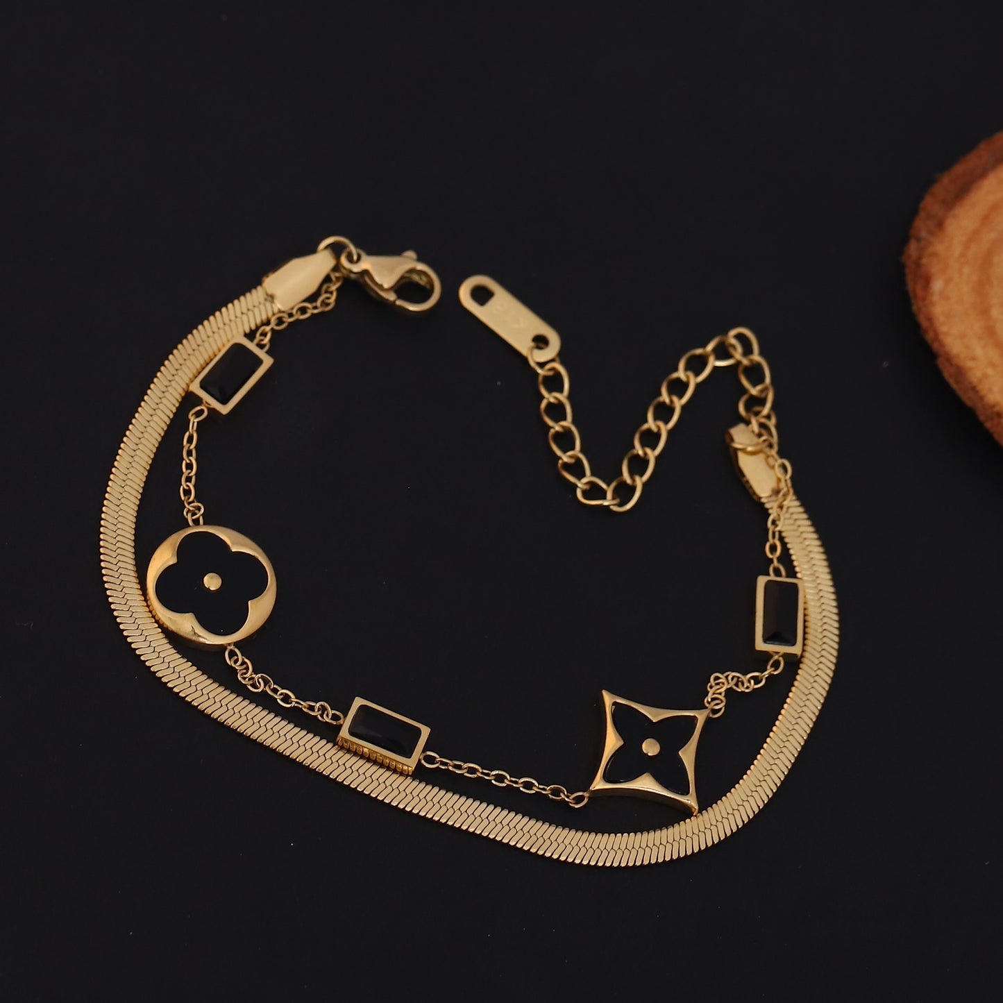 Elora Noir Elegance Dual Chain Bracelet – Luxe Clover Edition