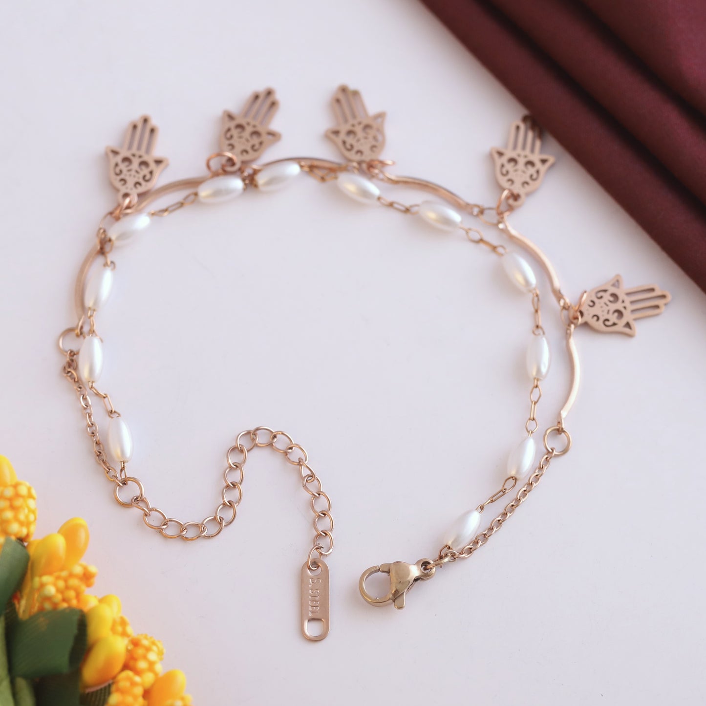 Elora Rose Gold Plated Elegant Hamsa Charm & Pearl Chain Bracelet