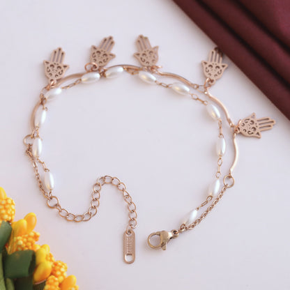 Elora Rose Gold Plated Elegant Hamsa Charm & Pearl Chain Bracelet