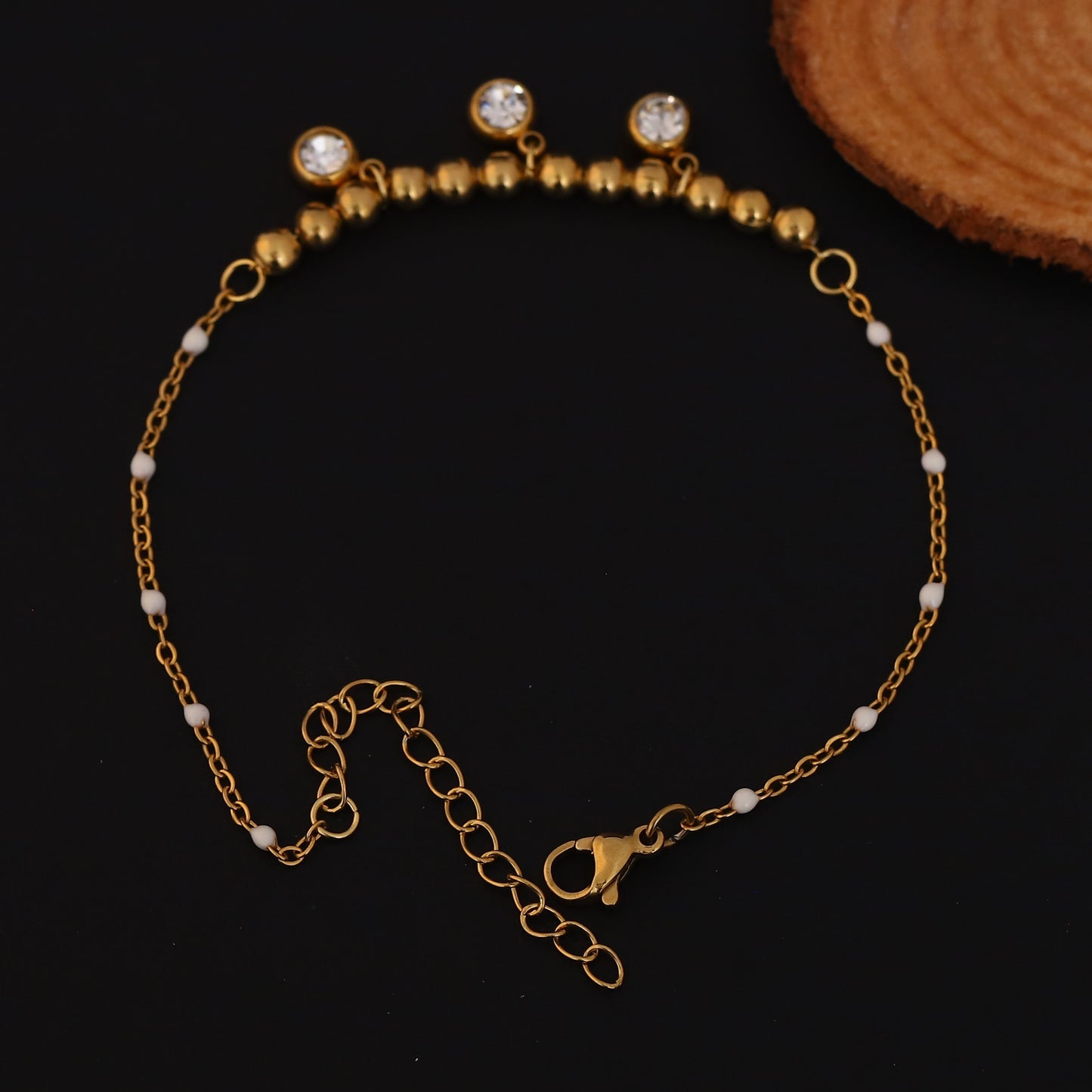 Elora Gold Plated  Beaded  with White Beads & Sparkling Stone Charms Bracelet